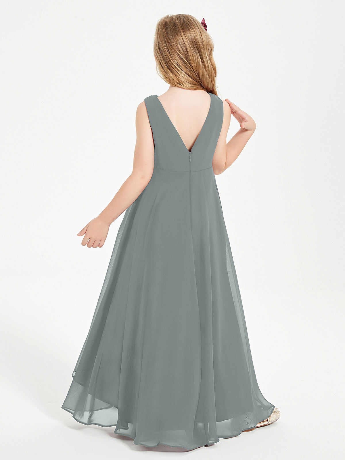 Modern Asymmetrical Cowl Neck Junior Bridesmaid Dresses Steel Grey